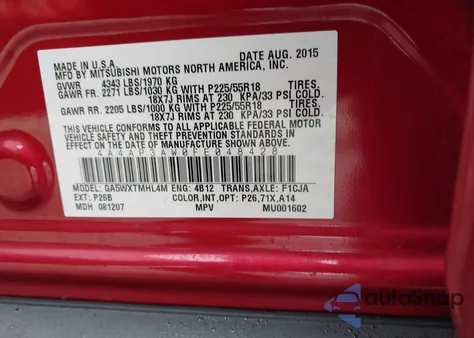 2015 Mitsubishi Outlander Sport Es from USA, damaged, VIN 4A4AP3AW0FE048428